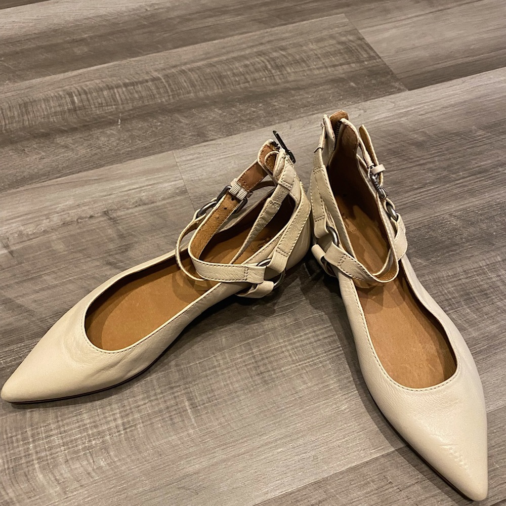 Frye flats with ankle straps. Never worn.